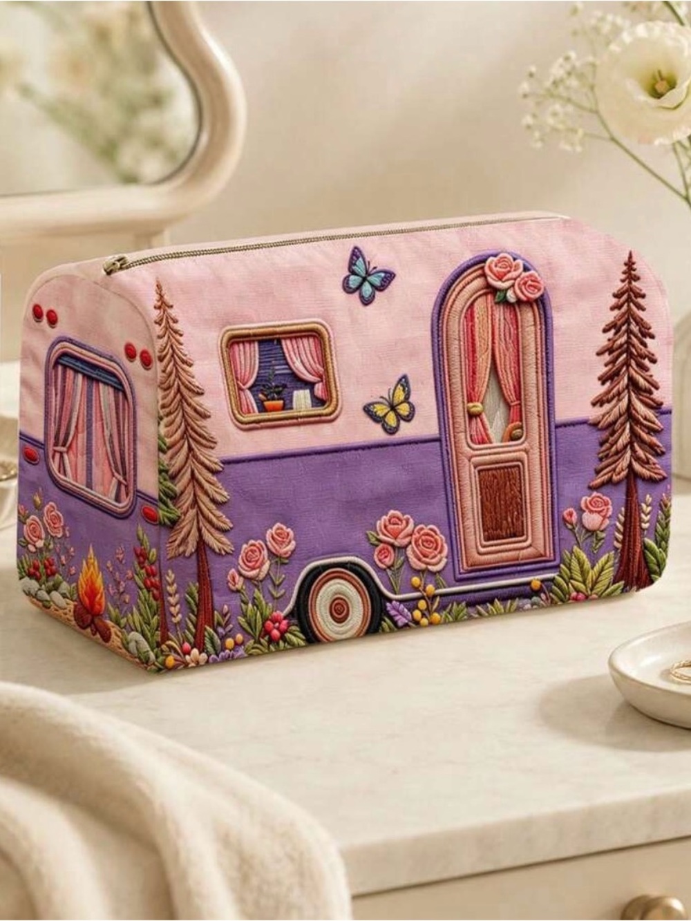 Embroidered Caravan Cosmetic Bag - Pink & Purple